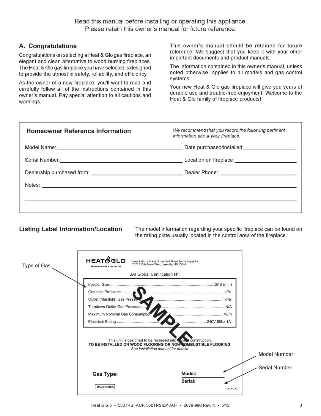 Heat & Glo LifeStyle 550TRSI-AUF owner manual Congratulations, Homeowner Reference Information 