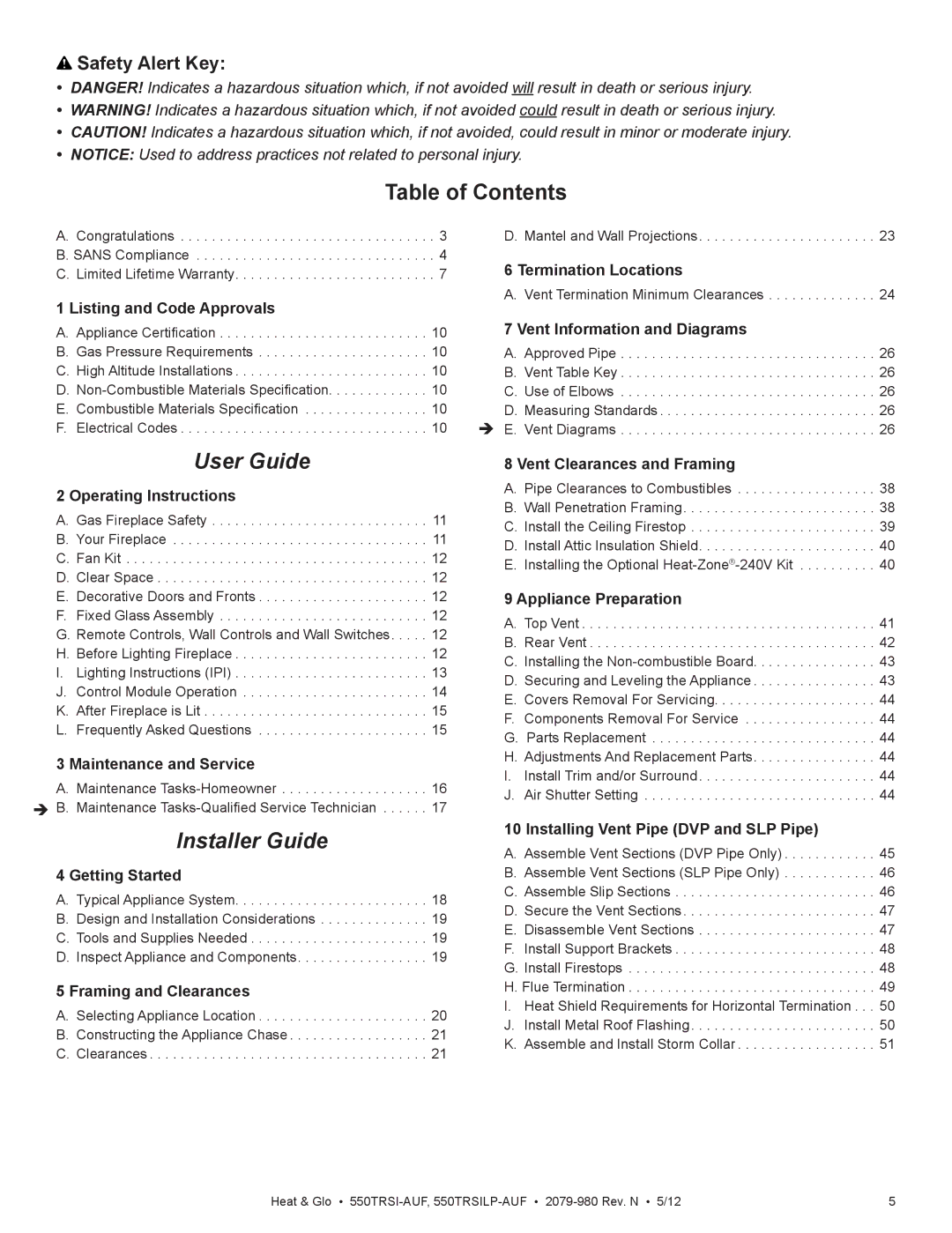 Heat & Glo LifeStyle 550TRSI-AUF owner manual Table of Contents, User Guide 