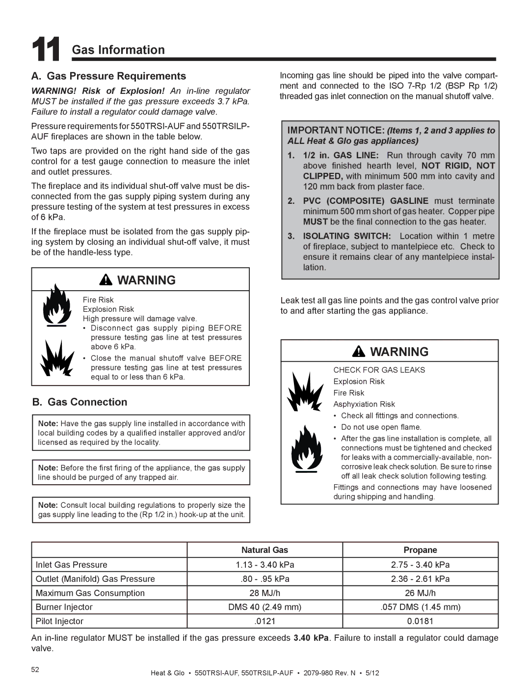 Heat & Glo LifeStyle 550TRSI-AUF owner manual Gas Information, Gas Connection 