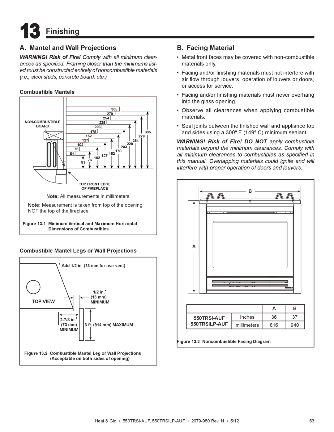 Heat & Glo LifeStyle 550TRSI-AUF owner manual Finishing, Facing Material, 816 940 