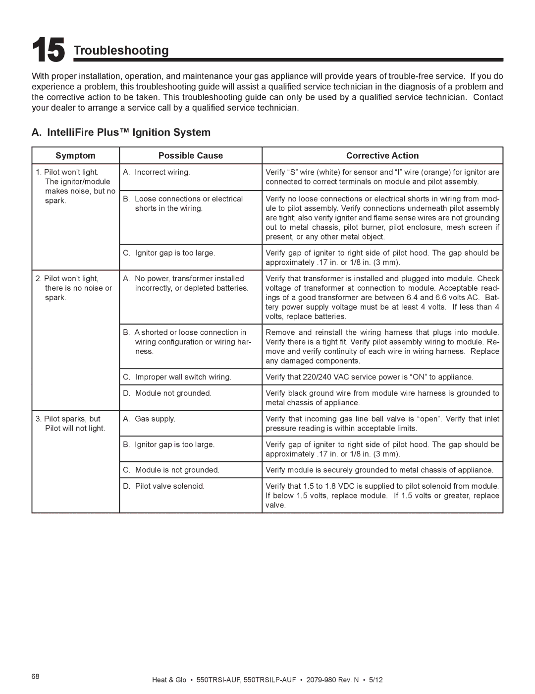 Heat & Glo LifeStyle 550TRSI-AUF owner manual Troubleshooting, IntelliFire Plus Ignition System 