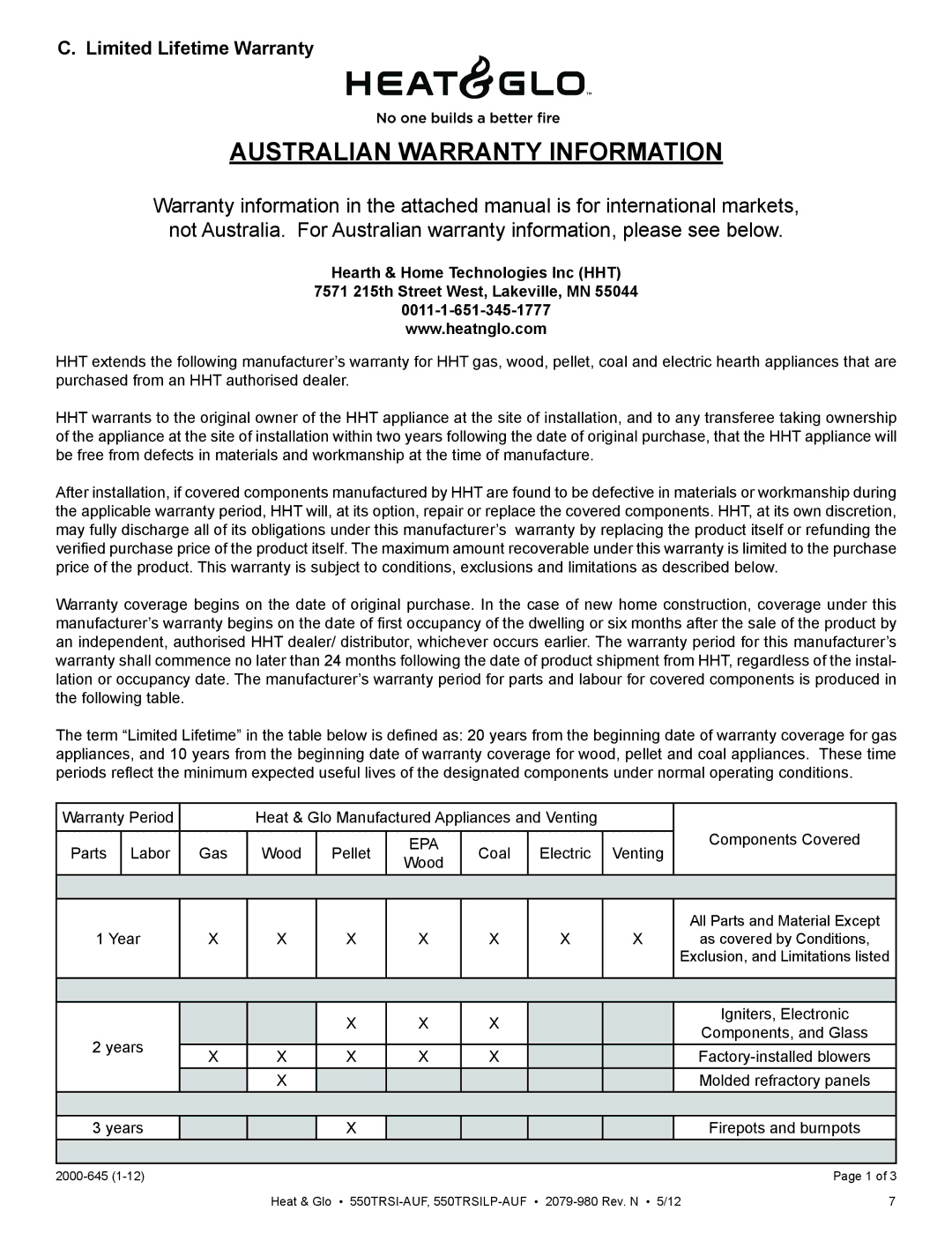 Heat & Glo LifeStyle 550TRSI-AUF owner manual Australian Warranty Information, Limited Lifetime Warranty 