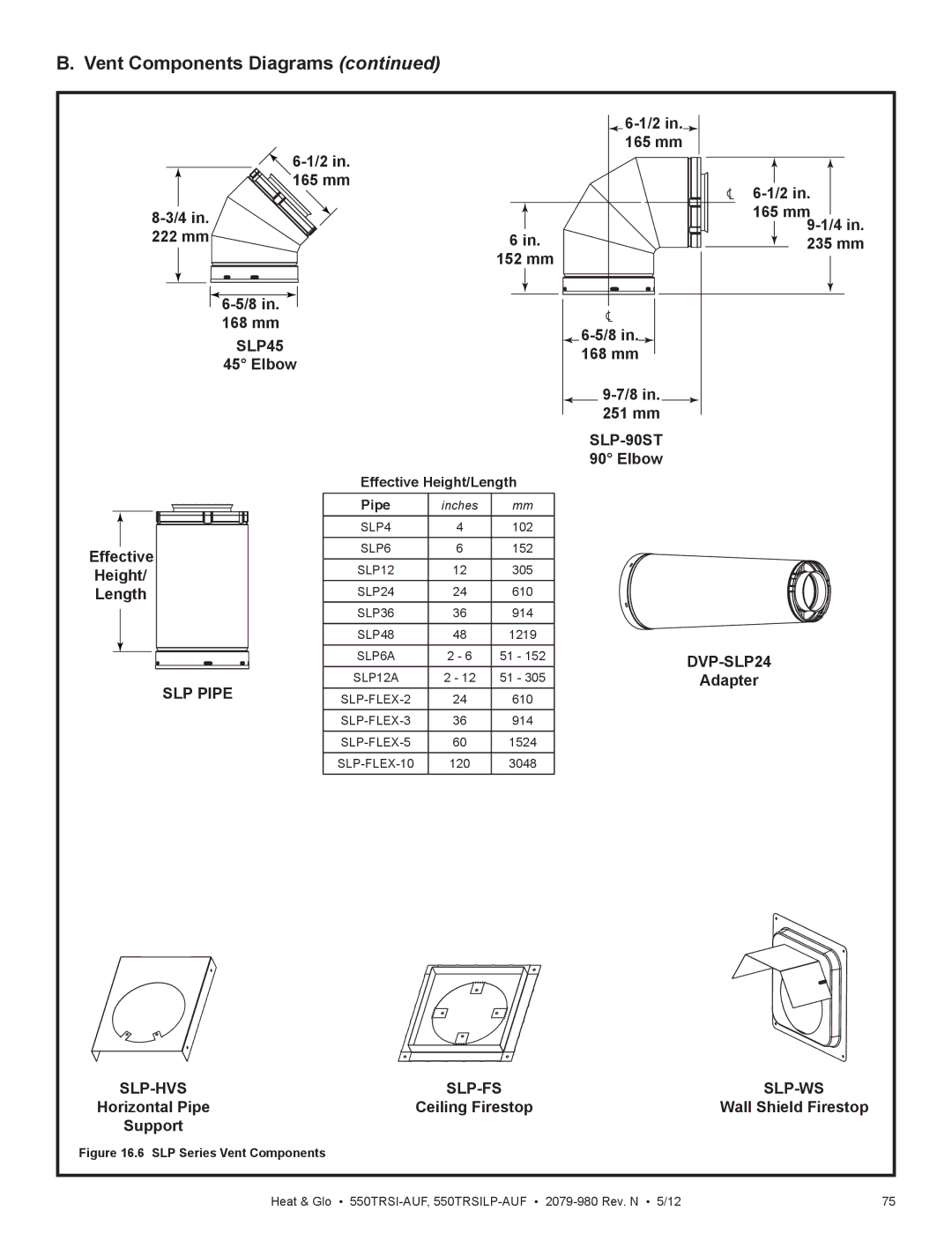 Heat & Glo LifeStyle 550TRSI-AUF 165 mm 222 mm 235 mm 152 mm 168 mm, Elbow, 251 mm, Effective Height Length, Adapter 