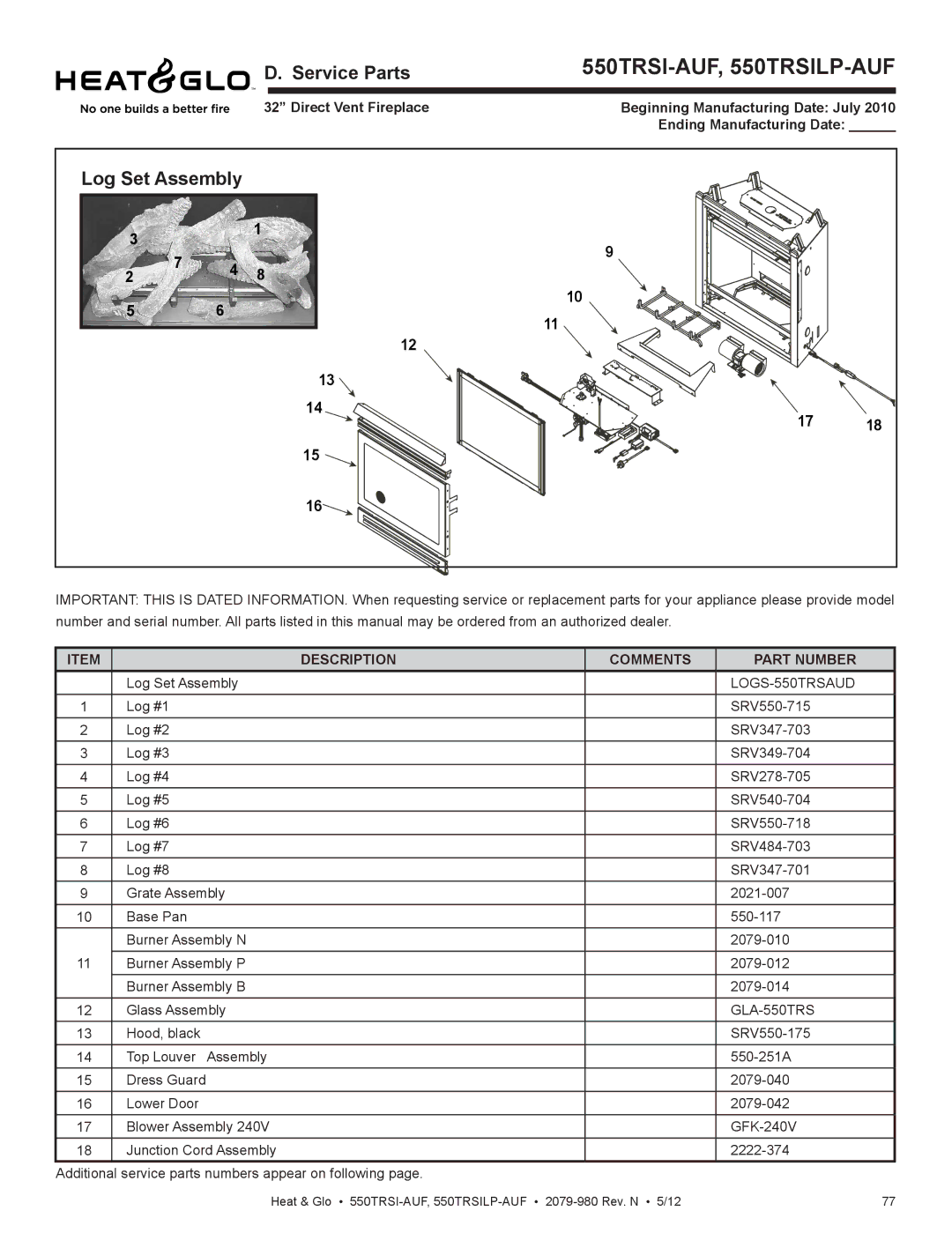 Heat & Glo LifeStyle 550TRSI-AUF owner manual Service Parts, Log Set Assembly 