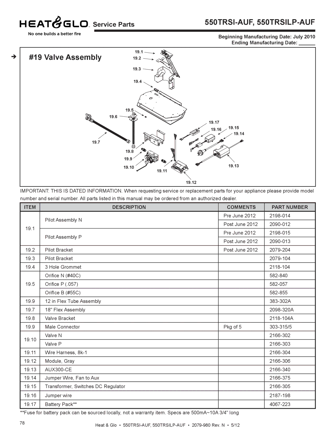 Heat & Glo LifeStyle 550TRSI-AUF #19 Valve Assembly, Beginning Manufacturing Date July Ending Manufacturing Date 