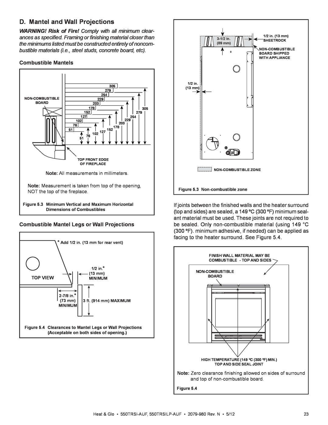 Heat & Glo LifeStyle 550TRSI-AUF owner manual D. Mantel and Wall Projections, Combustible Mantels 