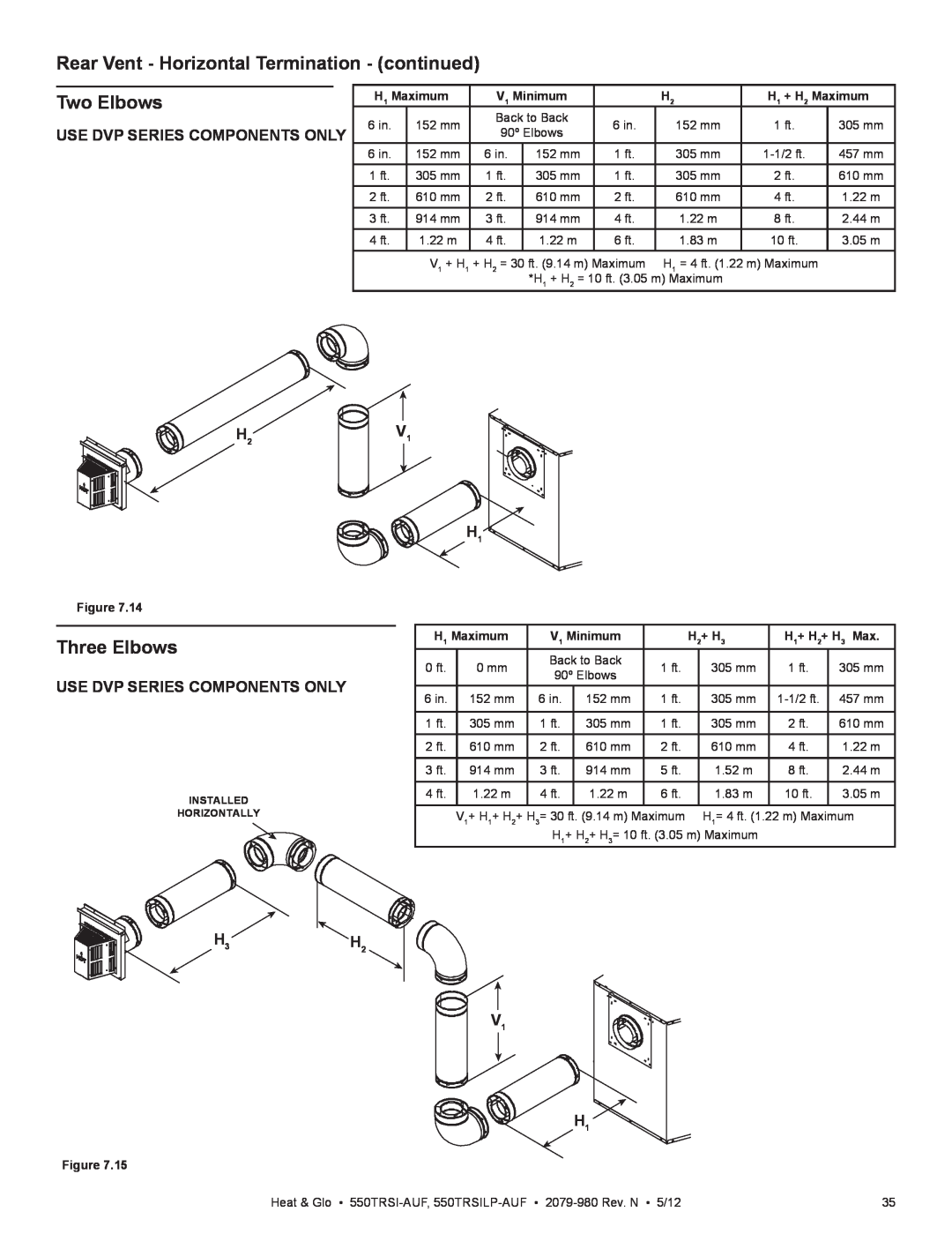Heat & Glo LifeStyle 550TRSI-AUF Rear Vent - Horizontal Termination - continued, Two Elbows, Three Elbows, H3H2 V1, Figure 
