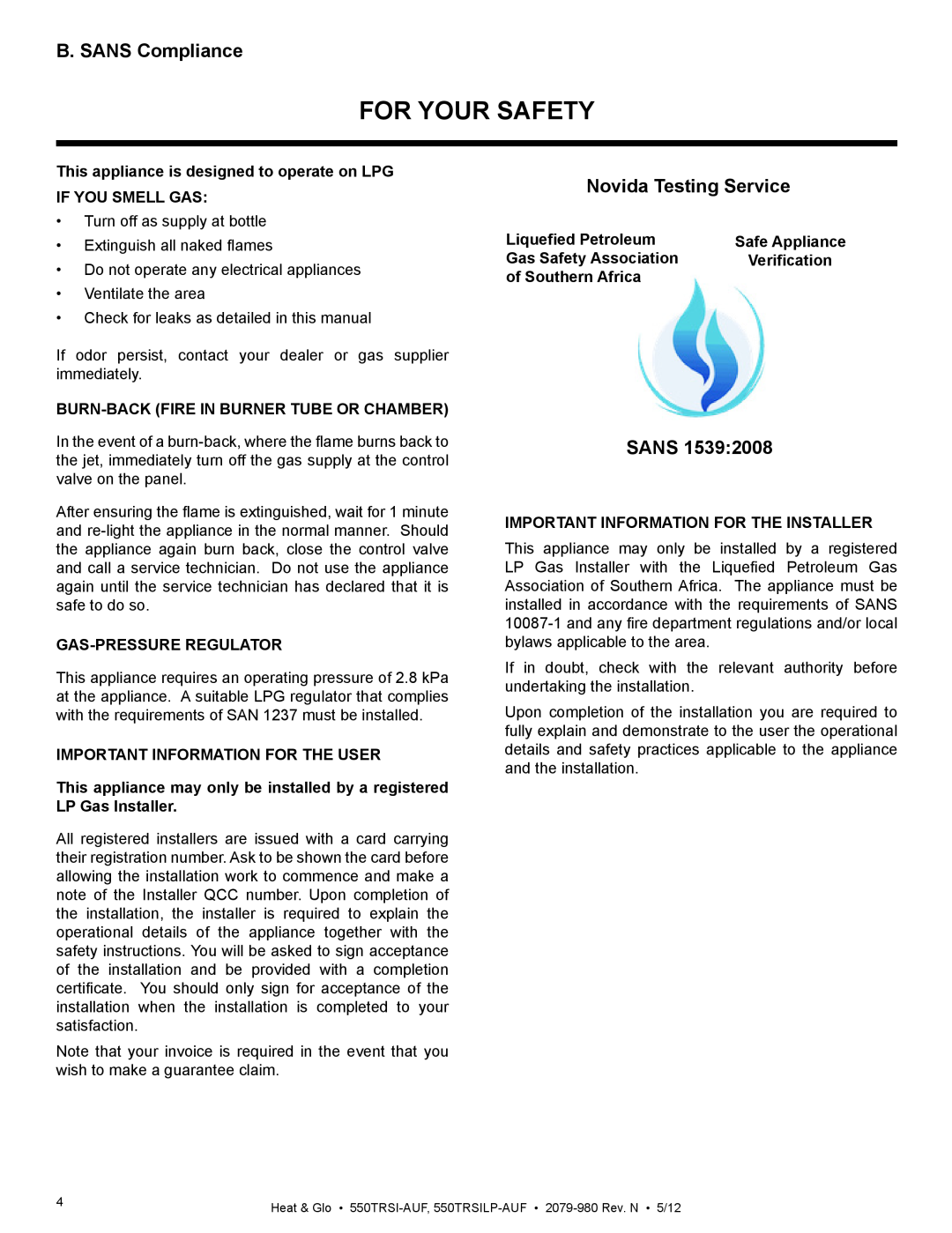 Heat & Glo LifeStyle 550TRSI-AUF owner manual For Your Safety, B. SANS Compliance, Novida Testing Service, SANS 1539:2008 