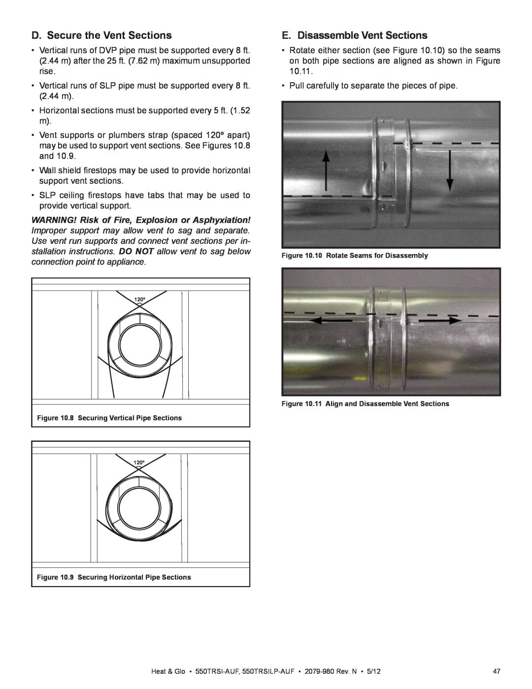 Heat & Glo LifeStyle 550TRSI-AUF owner manual D. Secure the Vent Sections, E. Disassemble Vent Sections 