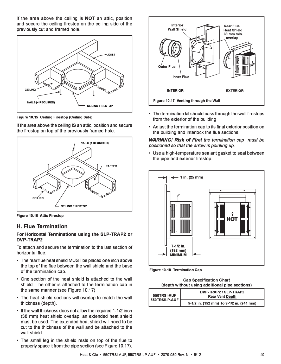 Heat & Glo LifeStyle 550TRSI-AUF owner manual H. Flue Termination, Cap Specification Chart 