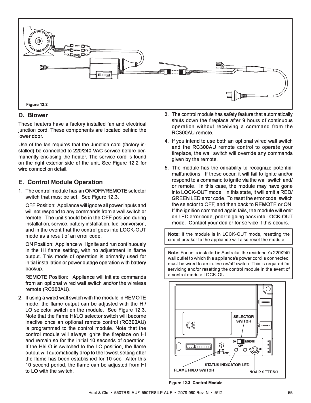 Heat & Glo LifeStyle 550TRSI-AUF owner manual D. Blower, E. Control Module Operation, 3 Control Module 