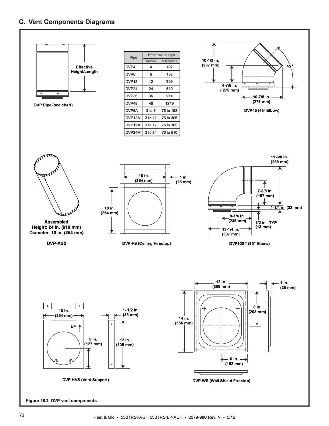 Heat & Glo LifeStyle 550TRSI-AUF owner manual C. Vent Components Diagrams, DVP-AS2, 3 DVP vent components 