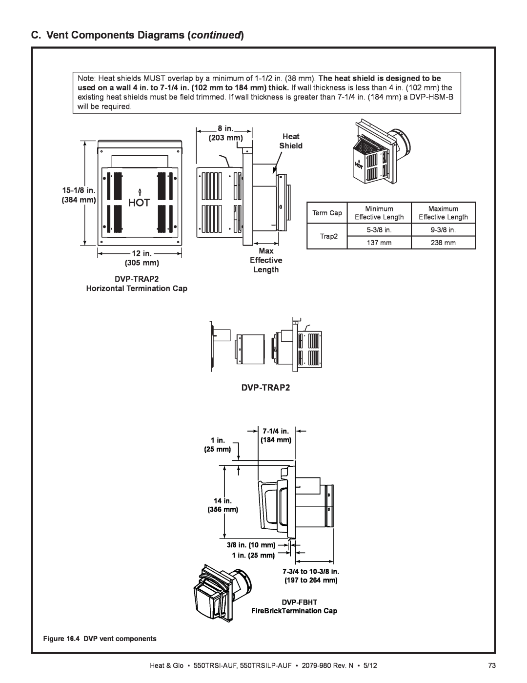 Heat & Glo LifeStyle 550TRSI-AUF C. Vent Components Diagrams continued, DVP-TRAP2, 8 in 203 mm Heat Shield, 15-1/8in 