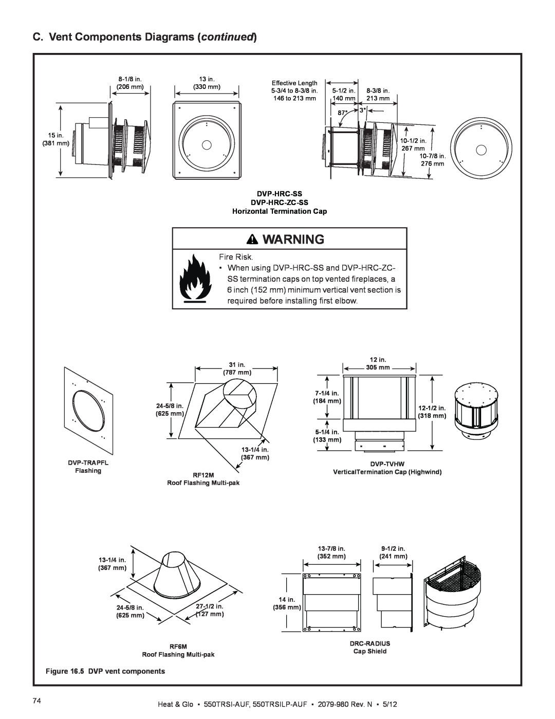Heat & Glo LifeStyle 550TRSI-AUF owner manual C. Vent Components Diagrams continued, Fire Risk, Dvp-Hrc-Ss Dvp-Hrc-Zc-Ss 