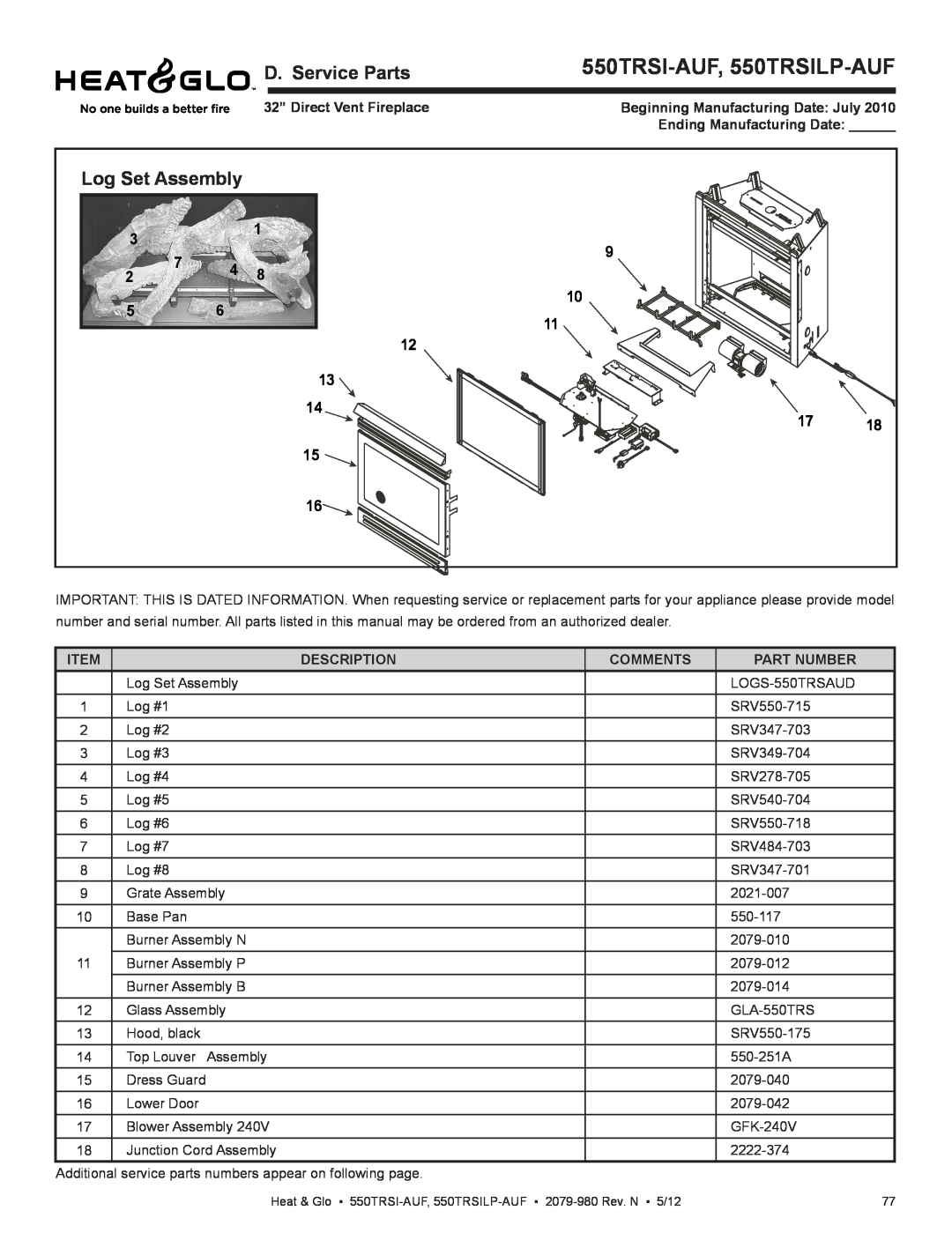 Heat & Glo LifeStyle owner manual 550TRSI-AUF, 550TRSILP-AUF, D. Service Parts, Log Set Assembly 