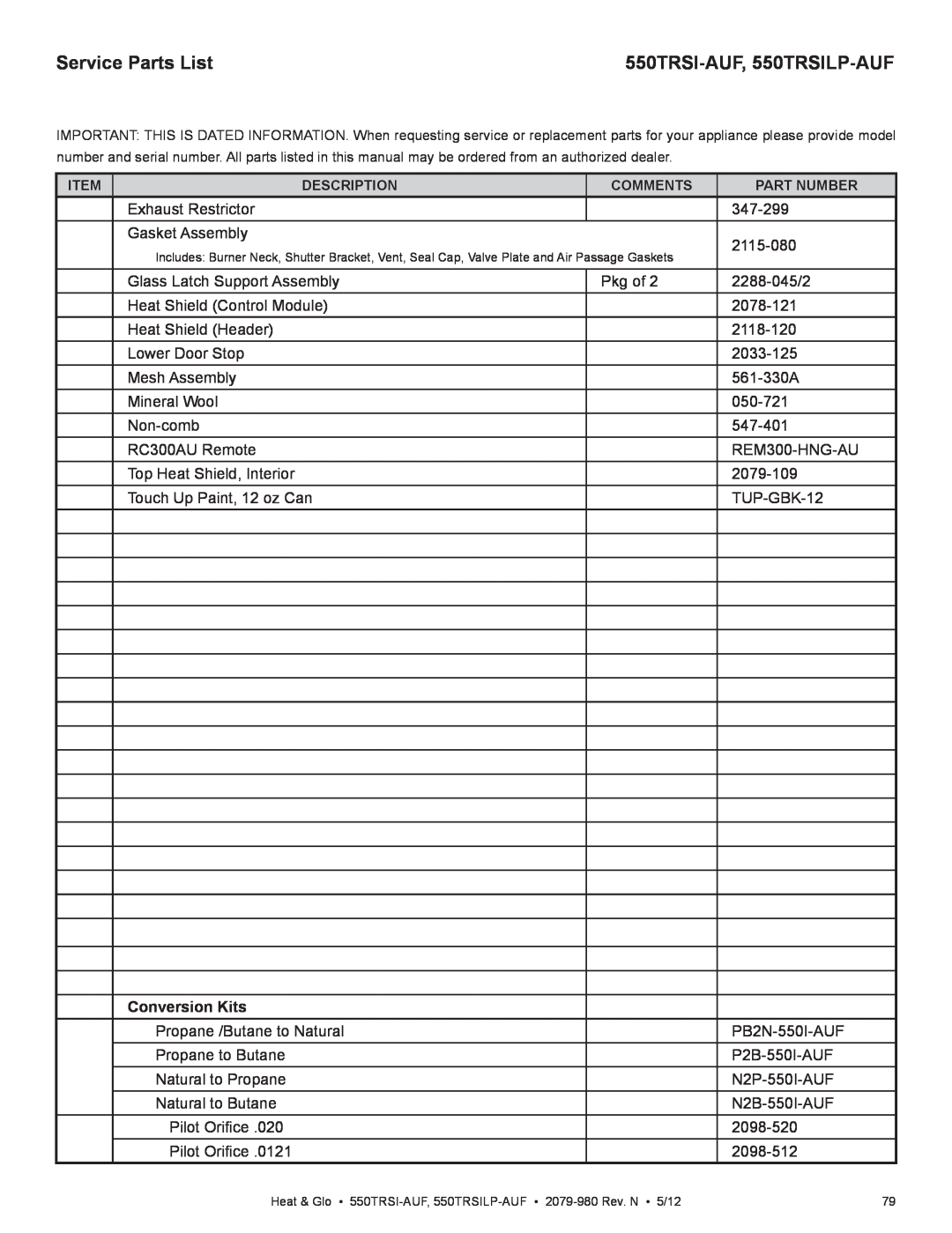 Heat & Glo LifeStyle owner manual Service Parts List, 550TRSI-AUF, 550TRSILP-AUF, Conversion Kits 