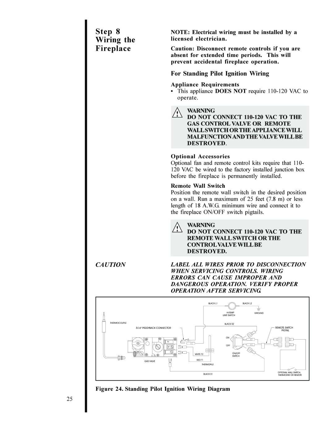 Heat & Glo LifeStyle 6000 GDVFL manual Step Wiring Fireplace, For Standing Pilot Ignition Wiring, Appliance Requirements 