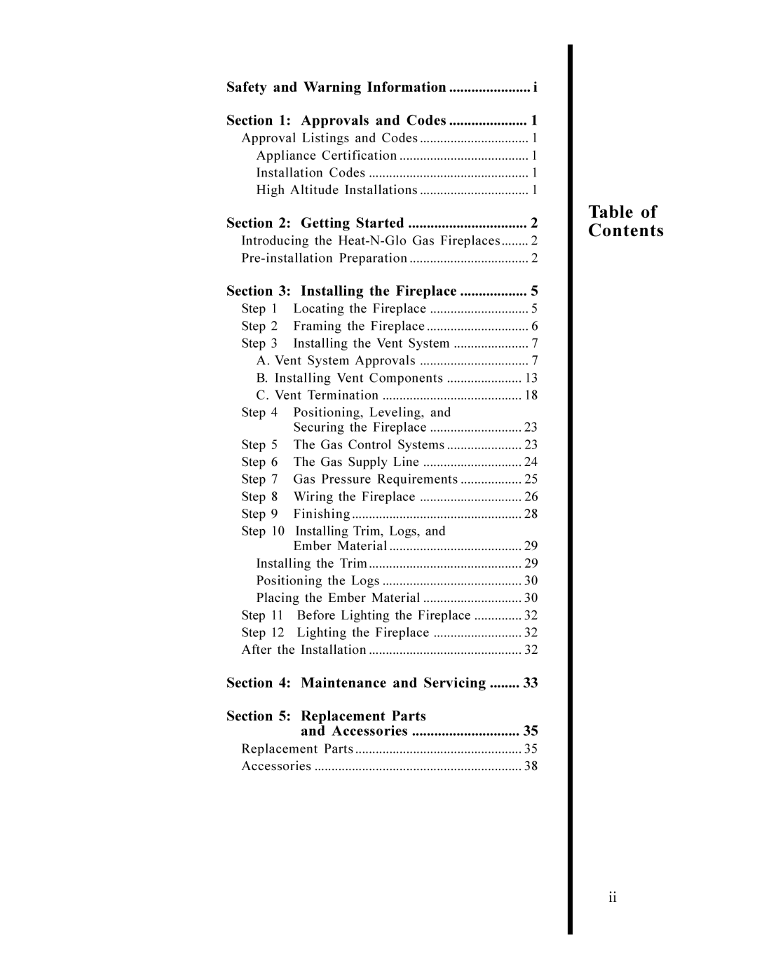 Heat & Glo LifeStyle 6000 XLS, 6000 GDVFL manual Table of Contents, Replacement Parts 