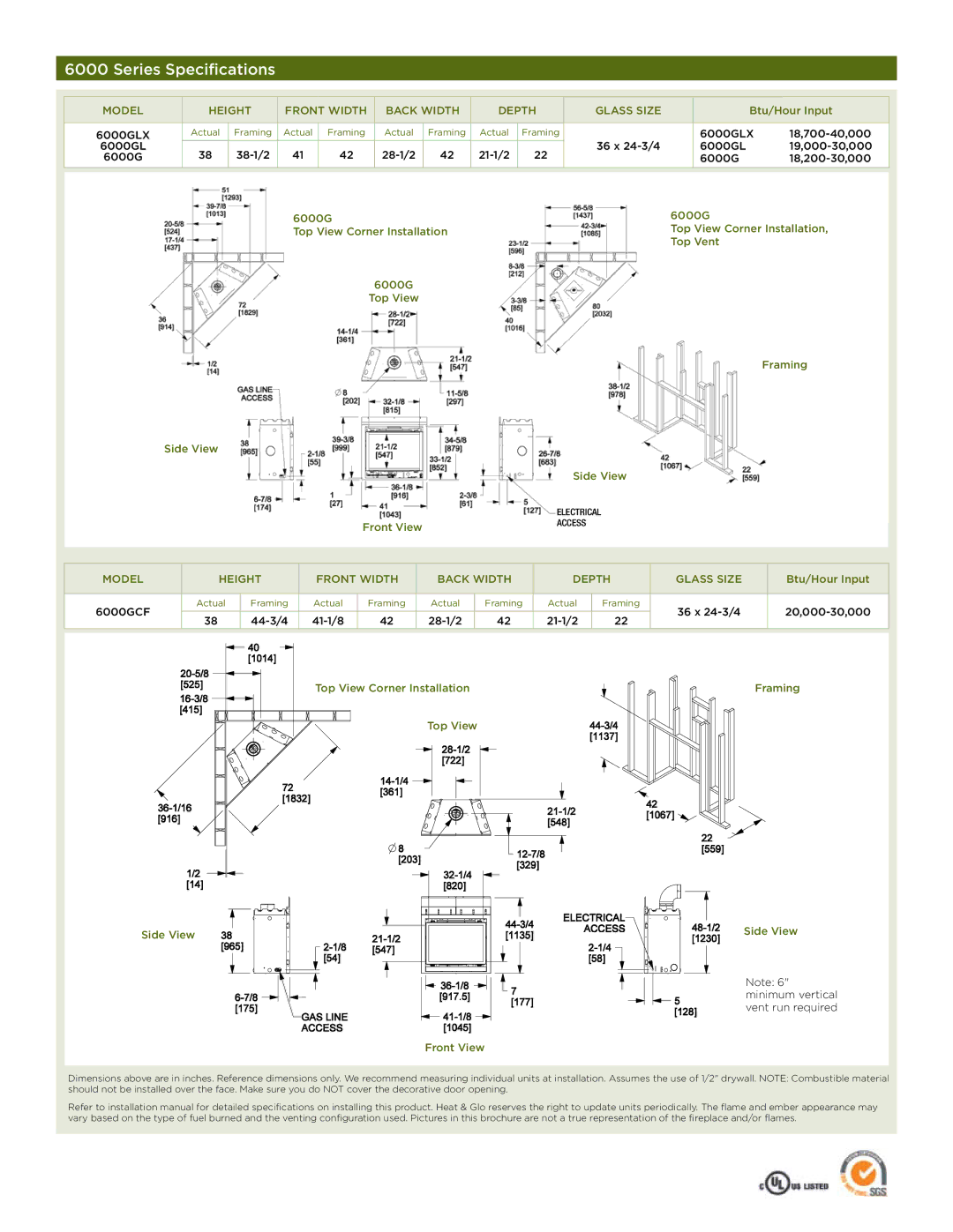 Heat & Glo LifeStyle 6000 Series manual Series Specifications 