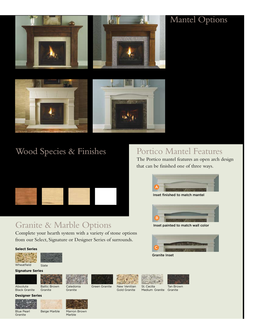Heat & Glo LifeStyle 6000 Series manual Mantel Options, Wood Species & Finishes, Portico Mantel Features 