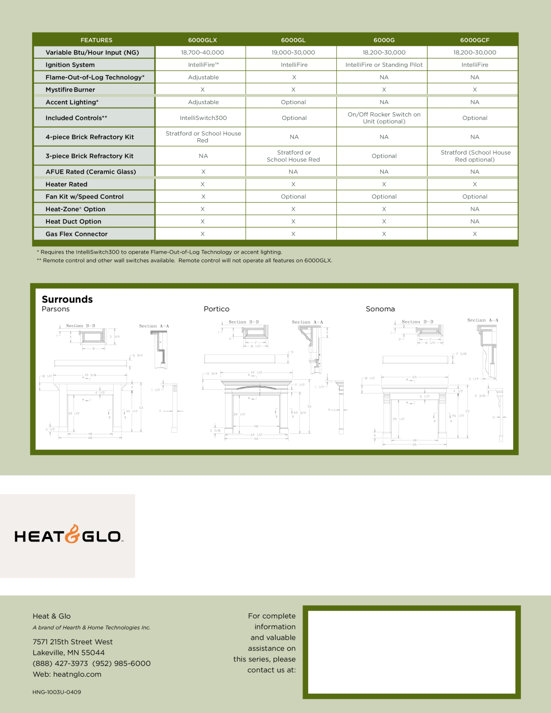 Heat & Glo LifeStyle 6000 Series manual Surrounds, Features, 6000GLX, 6000GCF 