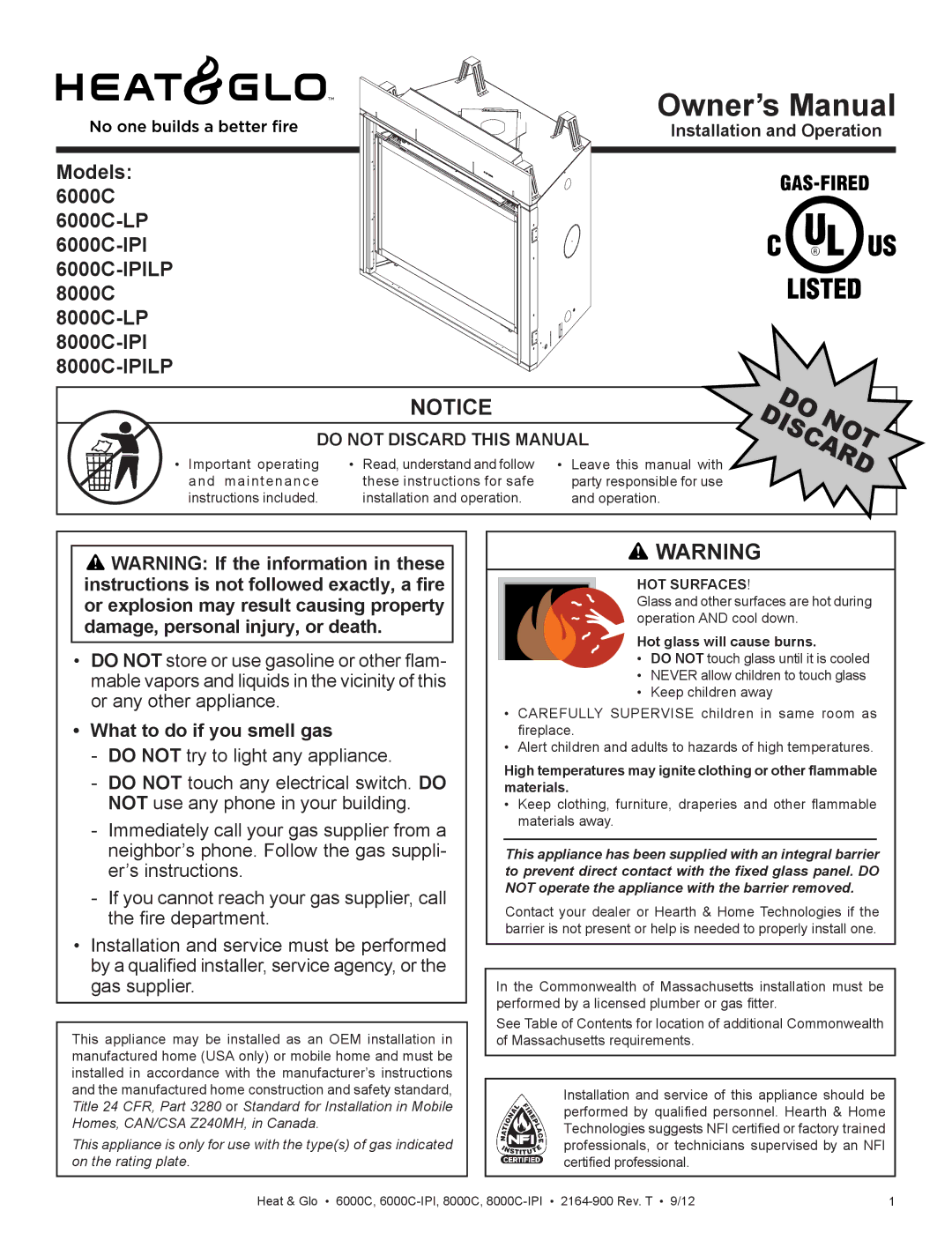 Heat & Glo LifeStyle 6000C manual What to do if you smell gas, HOT Surfaces, Hot glass will cause burns 