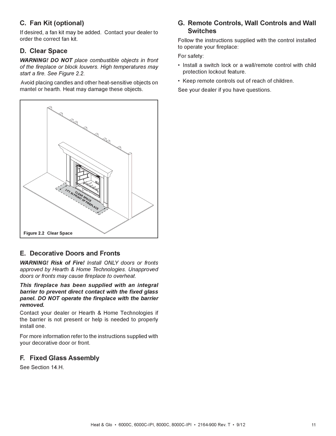 Heat & Glo LifeStyle 6000C manual Fan Kit optional, Clear Space, Decorative Doors and Fronts, Fixed Glass Assembly 