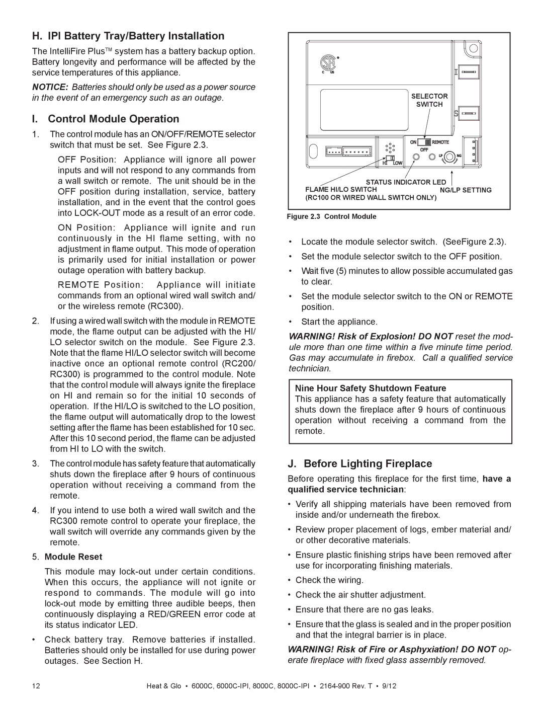 Heat & Glo LifeStyle 6000C IPI Battery Tray/Battery Installation, Control Module Operation, Before Lighting Fireplace 