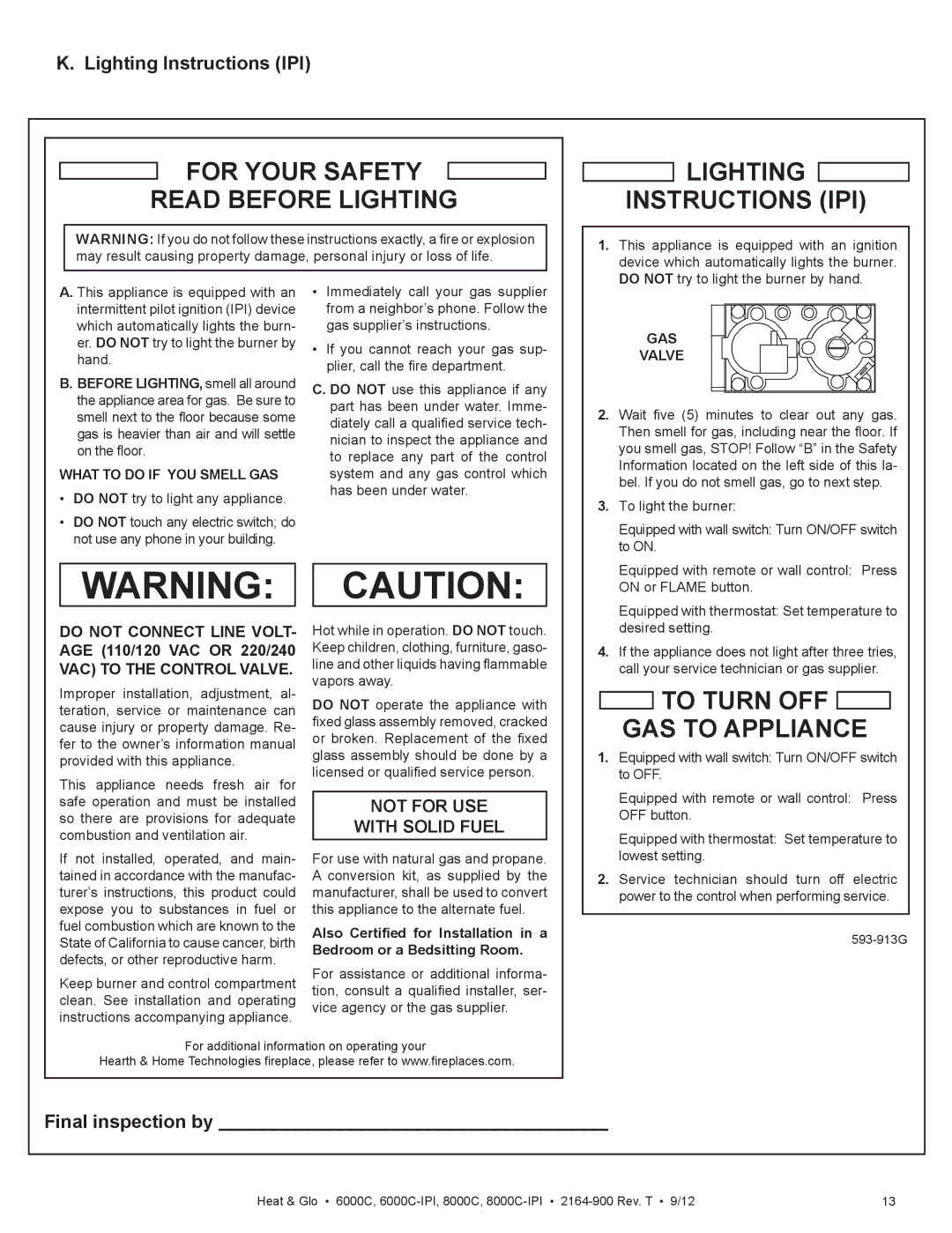 Heat & Glo LifeStyle 6000C manual Lighting Instructions IPI, Final inspection by, What to do if YOU Smell GAS, GAS Valve 