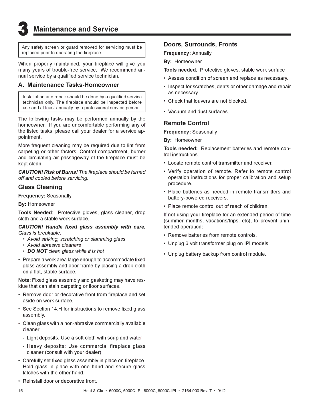 Heat & Glo LifeStyle 6000C Maintenance and Service, Maintenance Tasks-Homeowner, Glass Cleaning, Doors, Surrounds, Fronts 