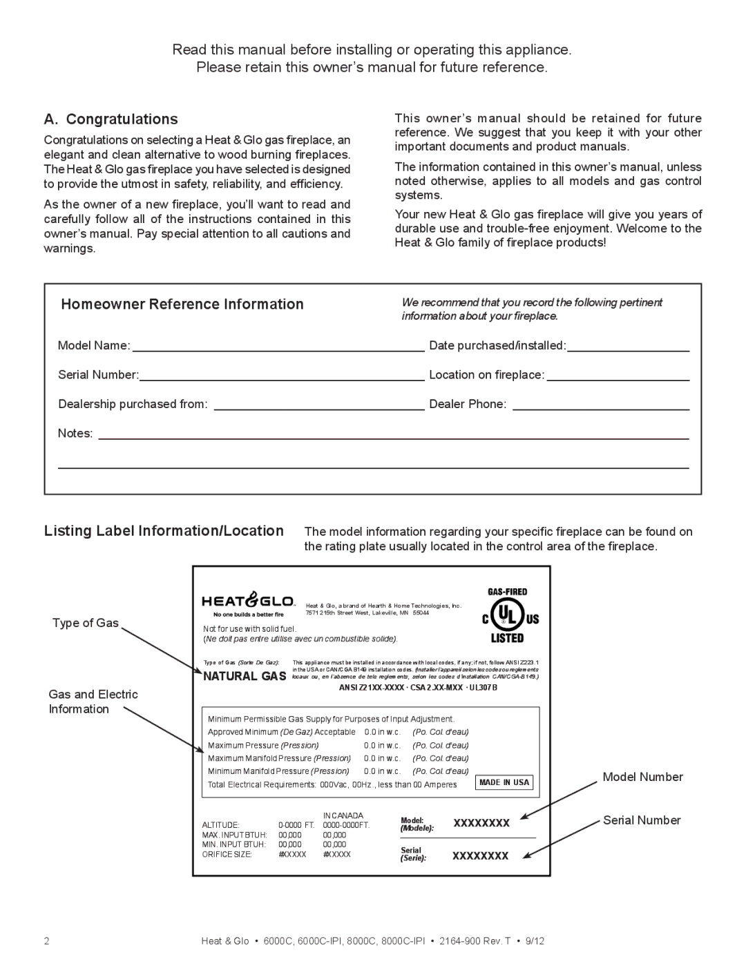 Heat & Glo LifeStyle 6000C manual Congratulations, Homeowner Reference Information 