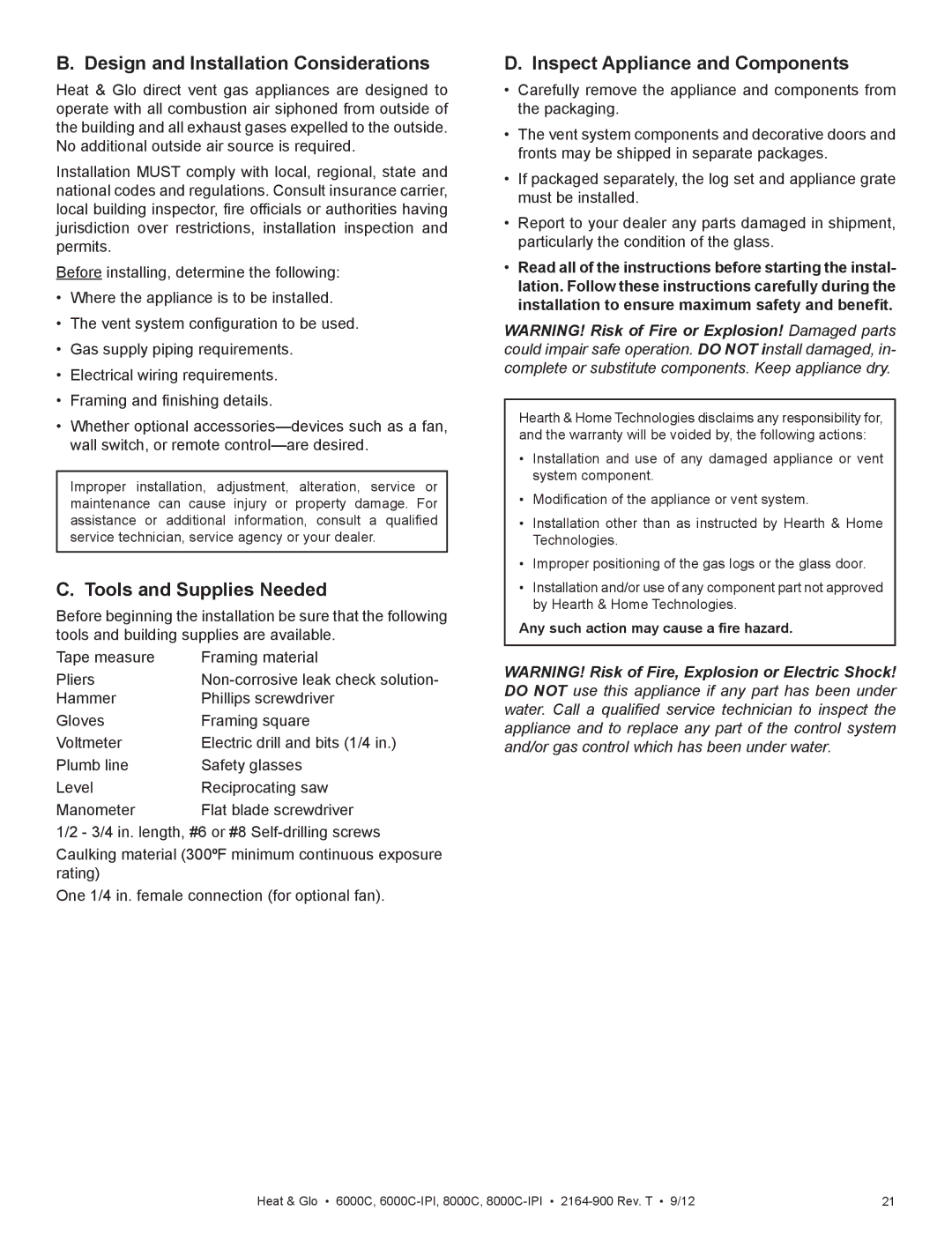 Heat & Glo LifeStyle 6000C manual Design and Installation Considerations, Tools and Supplies Needed 