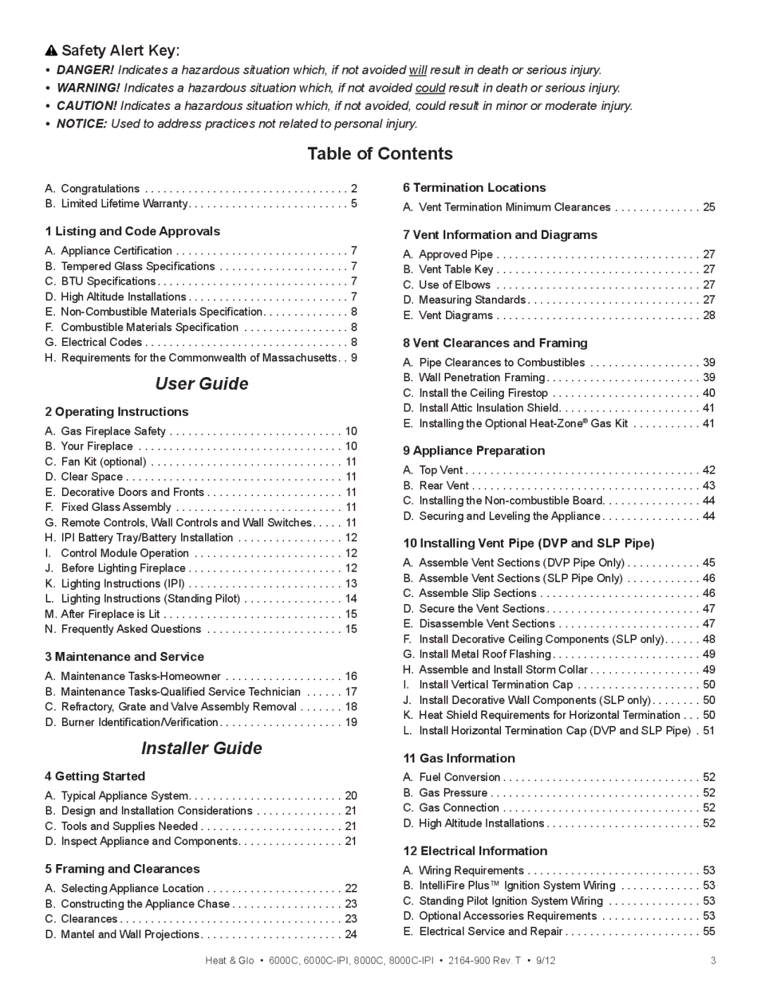 Heat & Glo LifeStyle 6000C manual Table of Contents, User Guide 