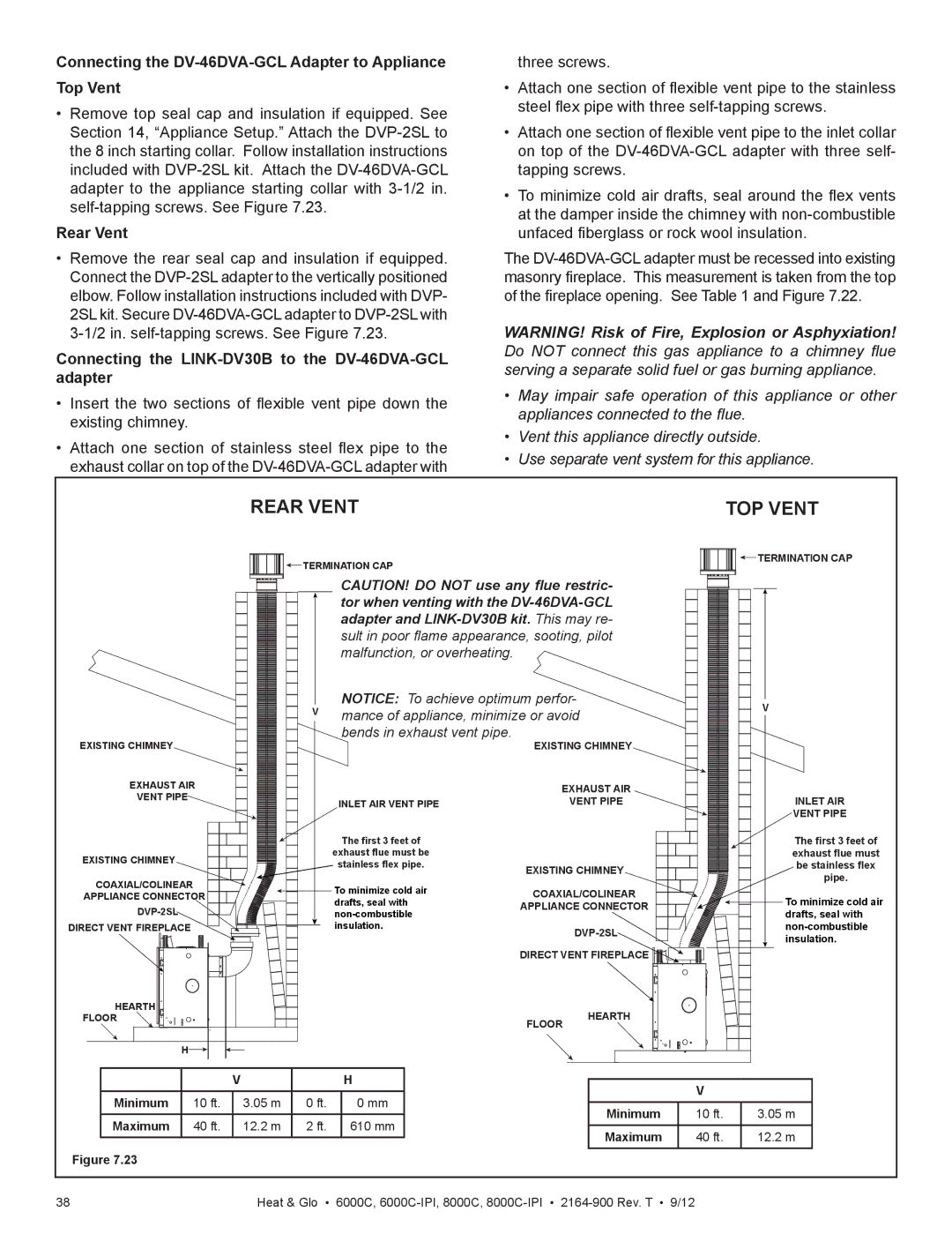 Heat & Glo LifeStyle 6000C manual Connecting the DV-46DVA-GCL Adapter to Appliance Top Vent, Rear Vent 