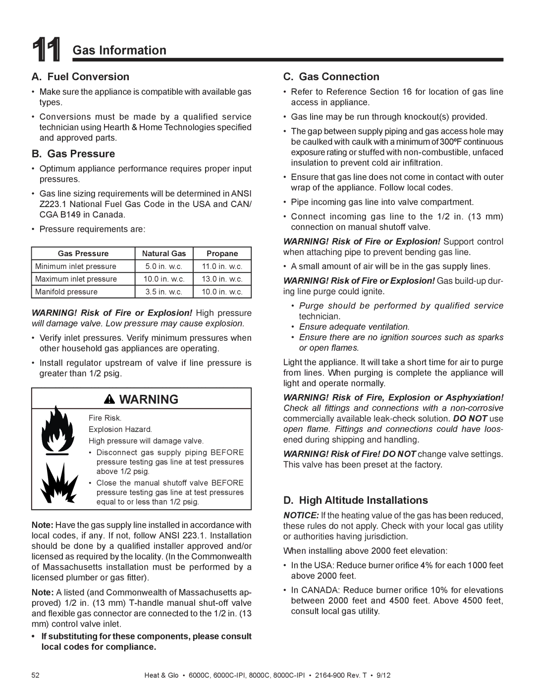 Heat & Glo LifeStyle 6000C manual Gas Information, Fuel Conversion, Gas Pressure, Gas Connection 