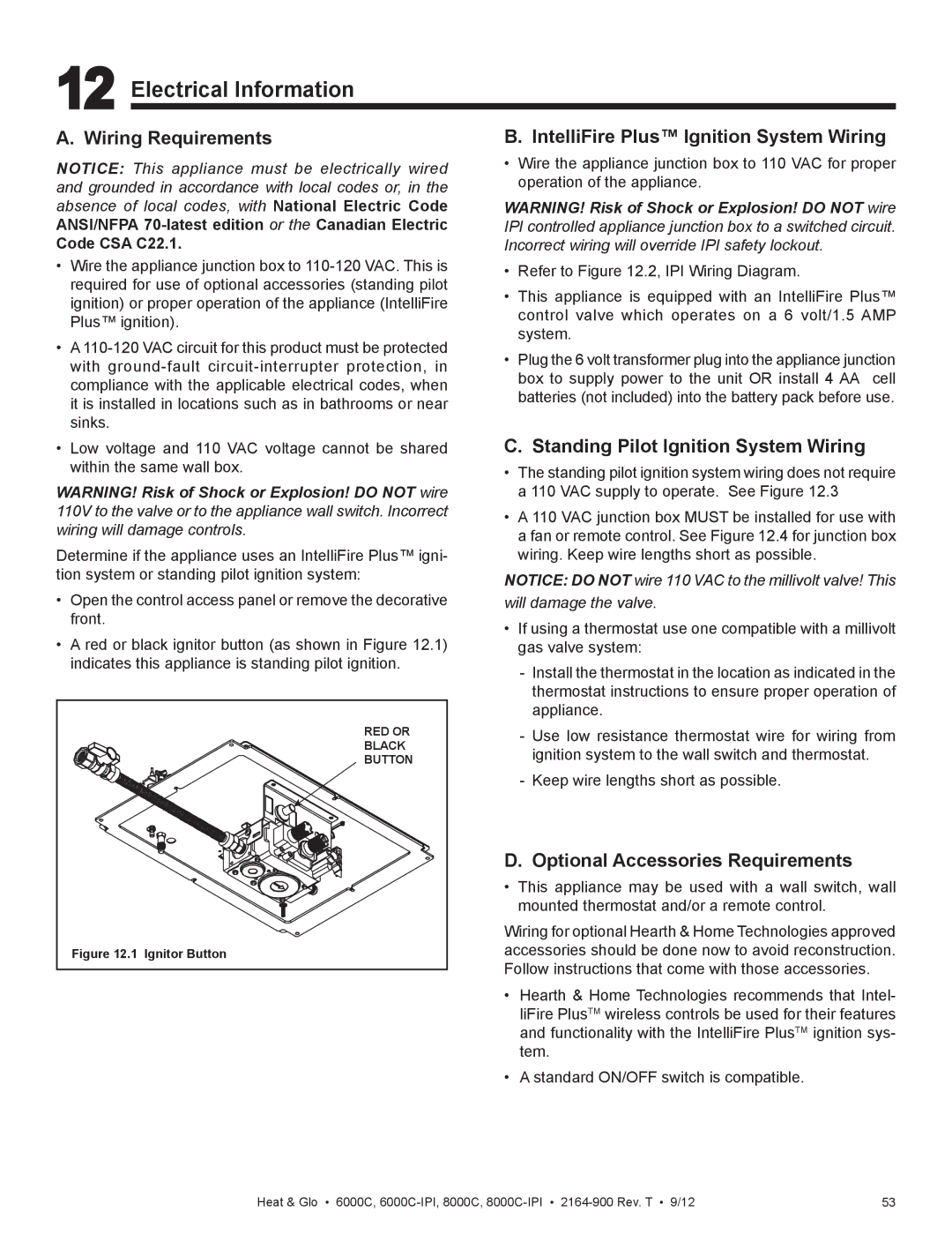 Heat & Glo LifeStyle 6000C manual Electrical Information, Wiring Requirements, IntelliFire Plus Ignition System Wiring 