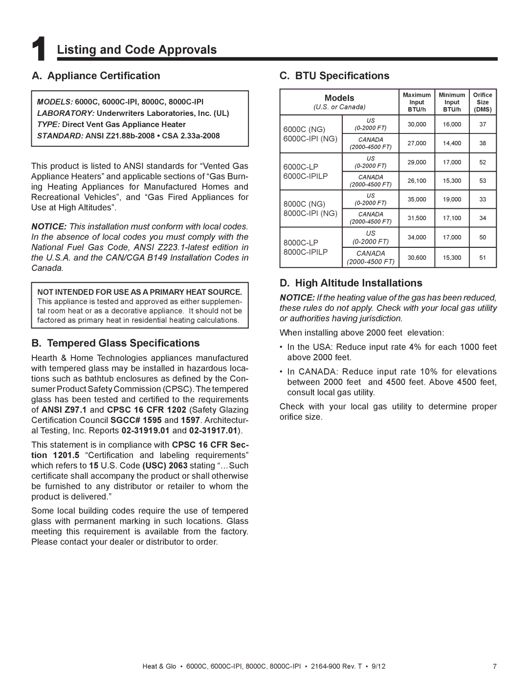 Heat & Glo LifeStyle 6000C manual Listing and Code Approvals, Appliance Certification, Tempered Glass Specifications 