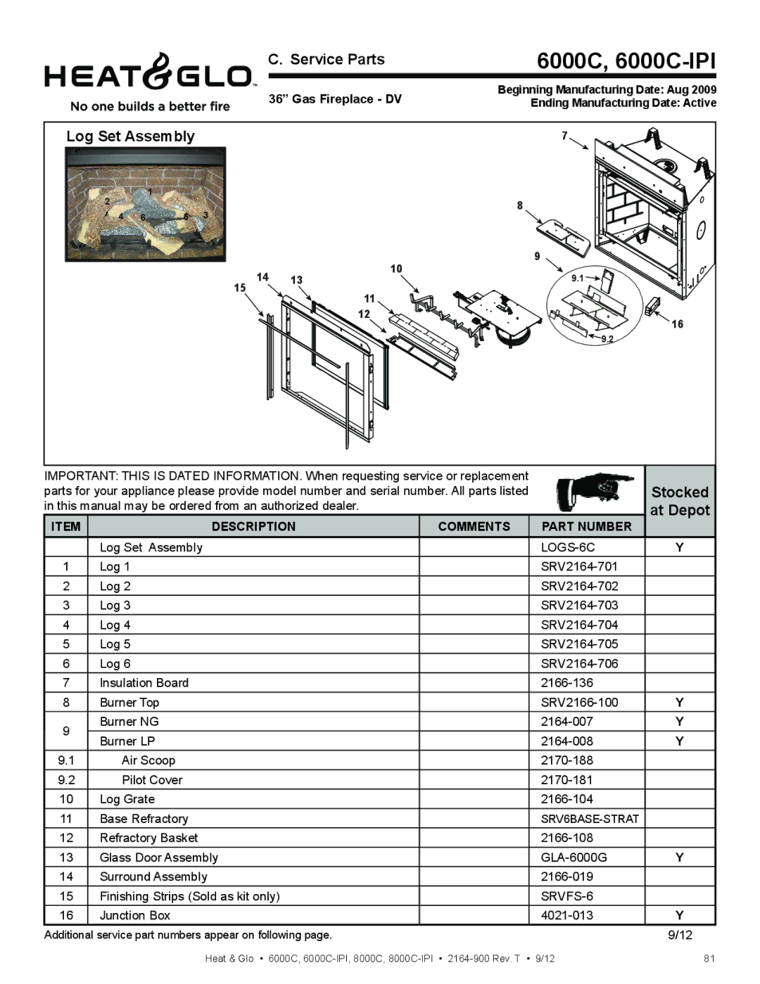 Heat & Glo LifeStyle 6000C manual Service Parts, At Depot, Gas Fireplace DV, Beginning Manufacturing Date Aug 