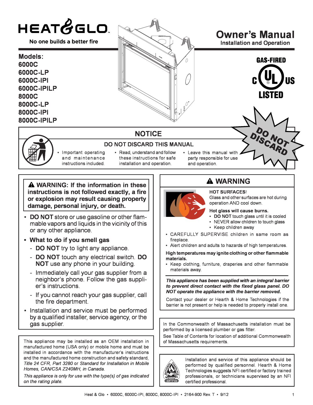 Heat & Glo LifeStyle 6000C manual Notice, •What to do if you smell gas, Owner’s Manual, 8000C-LP 8000C-IPI 8000C-IPILP 
