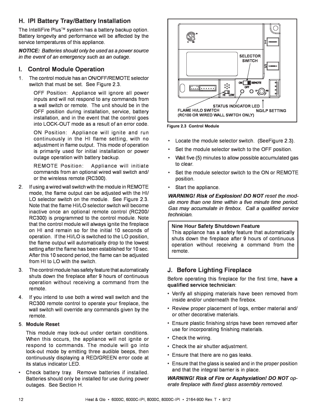 Heat & Glo LifeStyle 6000C manual H. IPI Battery Tray/Battery Installation, I. Control Module Operation, Module Reset 