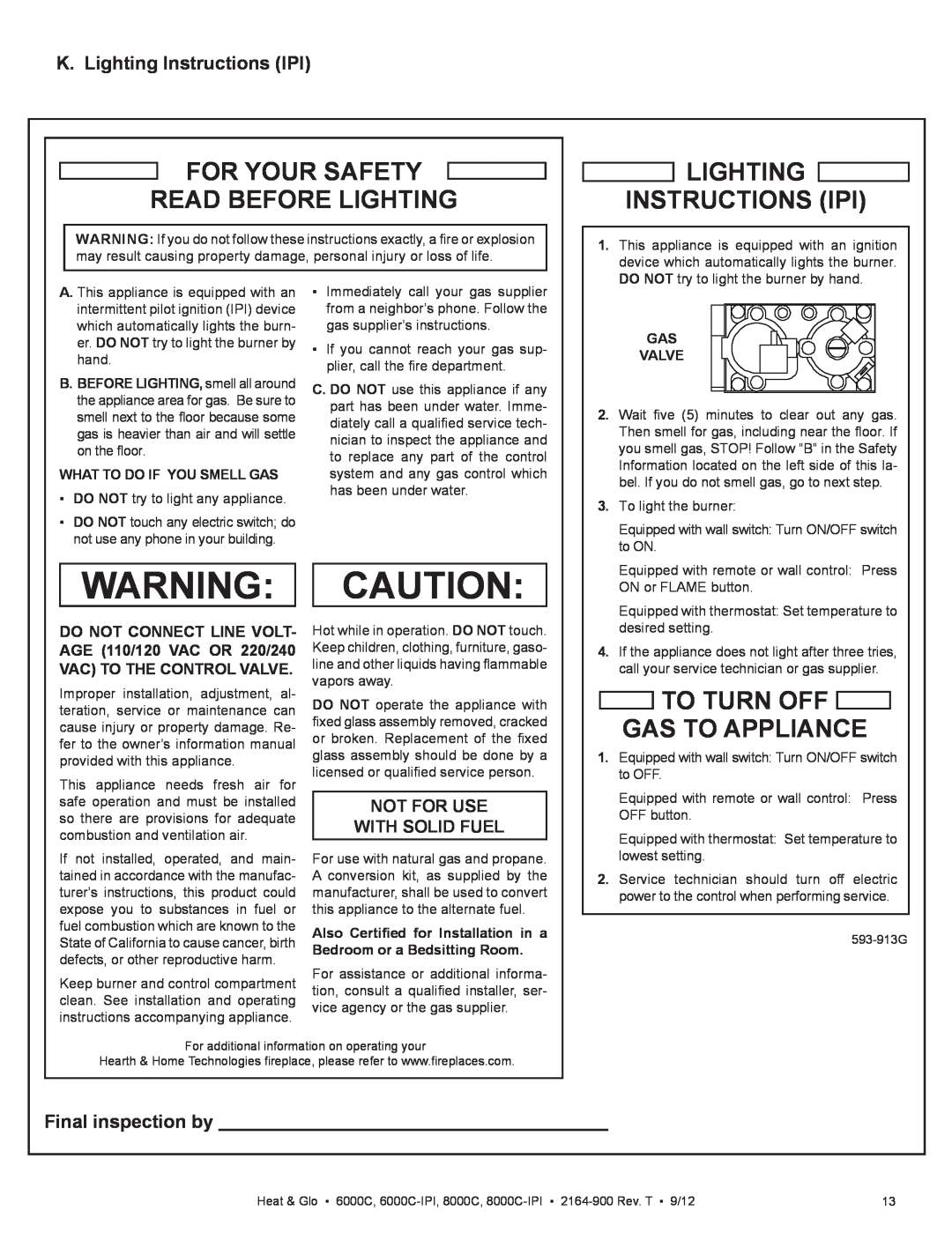 Heat & Glo LifeStyle 6000C For Your Safety Read Before Lighting, Lighting Instructions Ipi, To Turn Off Gas To Appliance 