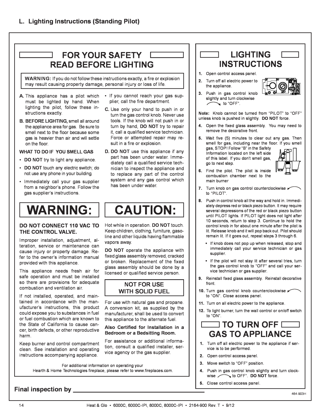 Heat & Glo LifeStyle 6000C L. Lighting Instructions Standing Pilot, Warning: Caution, To Turn Off Gas To Appliance 