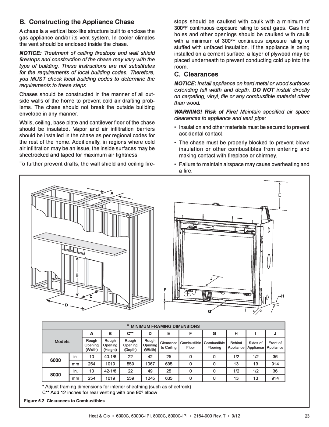 Heat & Glo LifeStyle 6000C manual B. Constructing the Appliance Chase, C. Clearances 