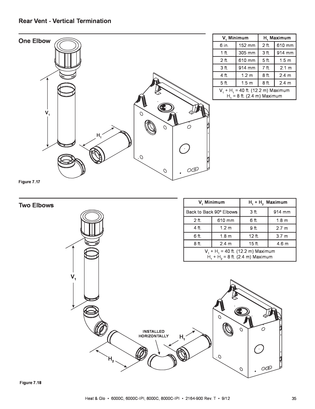Heat & Glo LifeStyle 6000C manual Rear Vent - Vertical Termination One Elbow, Two Elbows, V1 H1 