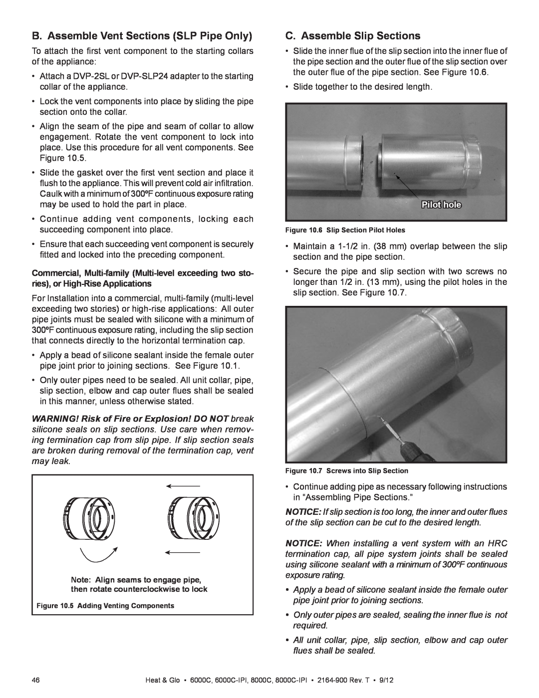 Heat & Glo LifeStyle 6000C manual B. Assemble Vent Sections SLP Pipe Only, C. Assemble Slip Sections, Pilot hole 