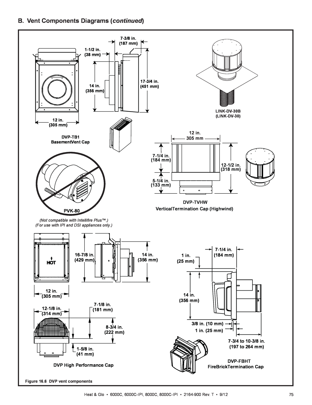 Heat & Glo LifeStyle 6000C manual B. Vent Components Diagrams continued, 12 in 