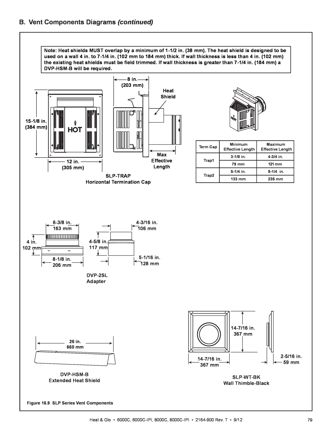 Heat & Glo LifeStyle 6000C manual B. Vent Components Diagrams continued, 8 in.203 mm Heat Shield 15-1/8in 384 mm 