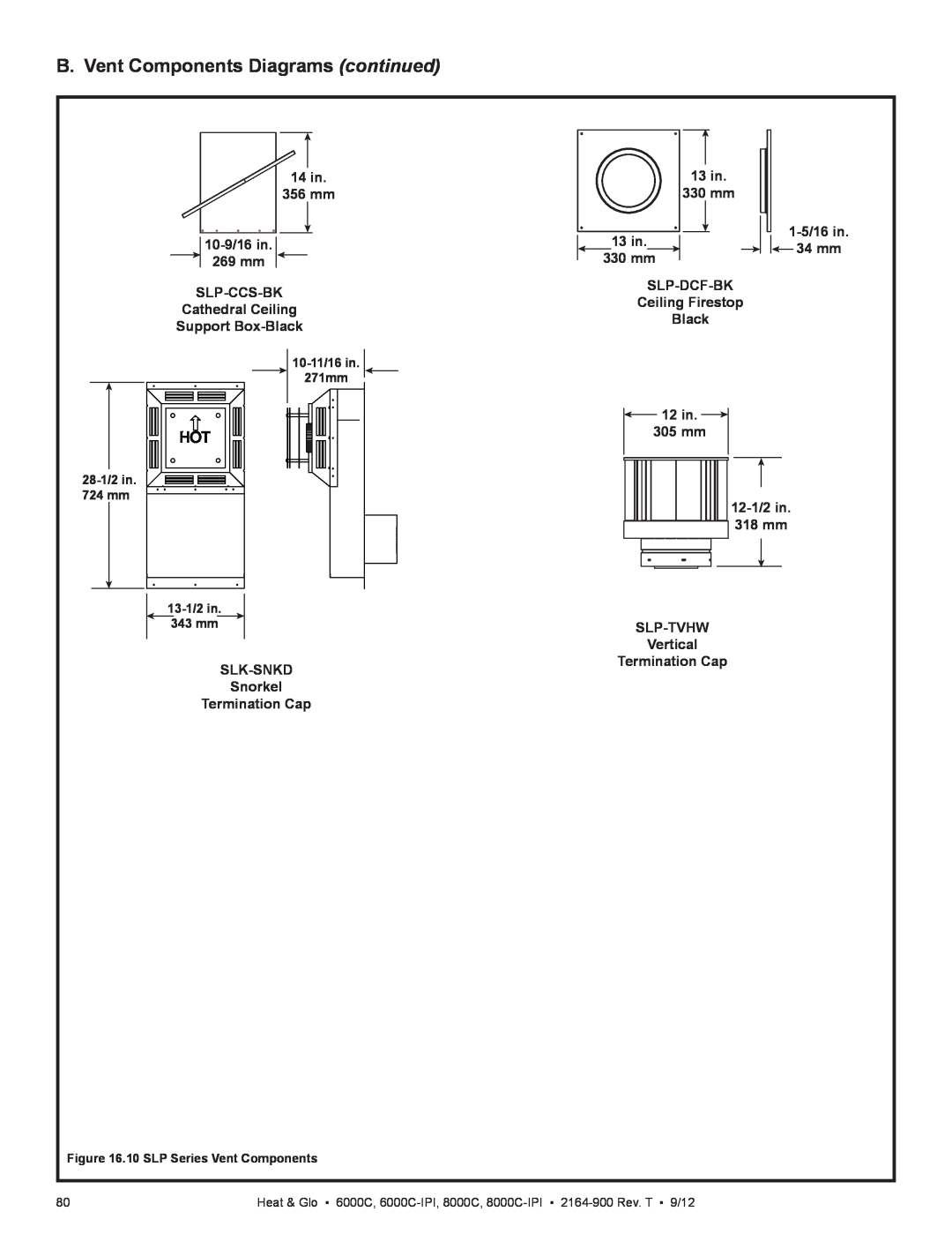 Heat & Glo LifeStyle 6000C manual B. Vent Components Diagrams continued, 14 in 356 mm 10-9/16in 269 mm SLP-CCS-BK 