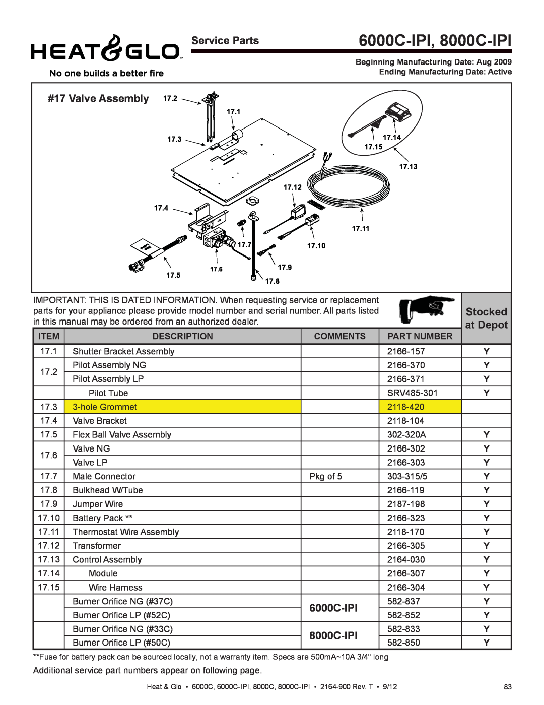 Heat & Glo LifeStyle 6000C-IPI, 8000C-IPI, Service Parts, #17 Valve Assembly, at Depot, Stocked, Item, Description 