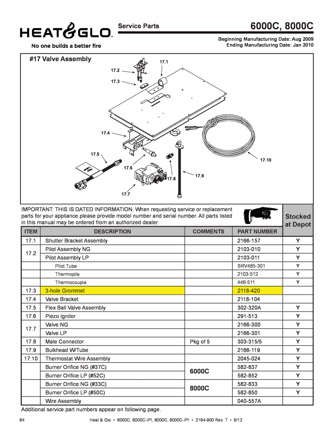 Heat & Glo LifeStyle manual Service Parts, #17 Valve Assembly, Stocked, 6000C, 8000C, at Depot, Item, Description 